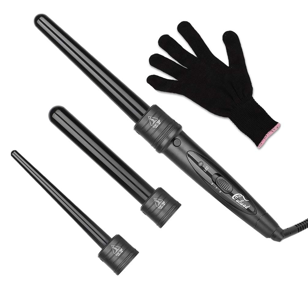 Culwad Lockenstäbe Große und Kleine Locken Set, 3 in 1 Lockenstab mit Verschiedenen Aufsätzen Keramik Turmalin Beschichtung Welleneisen mit Handschuh Schwarz