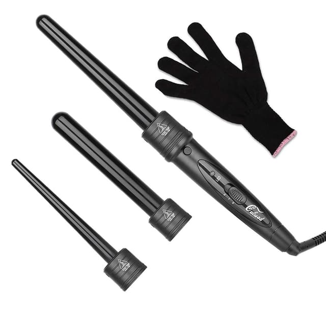 Culwad Lockenstäbe Große und Kleine Locken Set, 3 in 1 Lockenstab mit Verschiedenen Aufsätzen Keramik Turmalin Beschichtung Welleneisen mit Handschuh Schwarz