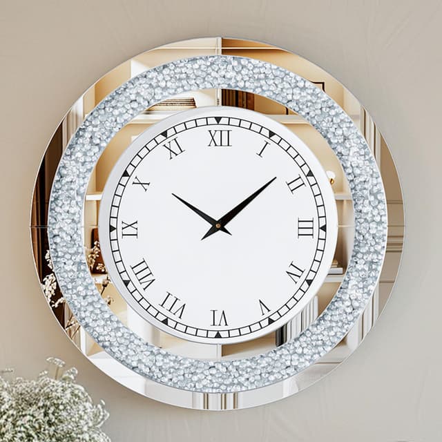Artloge Wanduhr Modern Groß 80cm: Deko Kristall Uhren, Wohnzimmer Wanduhren Tickenfreies Design Römische Ziffern Uhren für Wohnzimmer, Schlafzimmer, Küchen Dekoration Silber Silber 80L x 80H cm