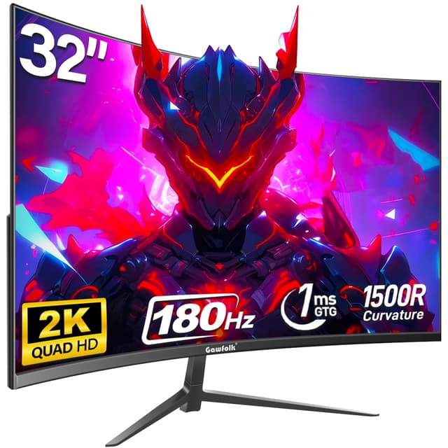Gawfolk 32 Zoll Gaming Curved Monitor 180Hz, QHD 2560x1440p PC Bildschirm, Rahmenloses 1500R Gebogenes Computerbildschirm, FreeSync, DisplayPort & HDMI, unterstützt VESA 100 * 100mm 32 Zoll QHD 180Hz Schwarz