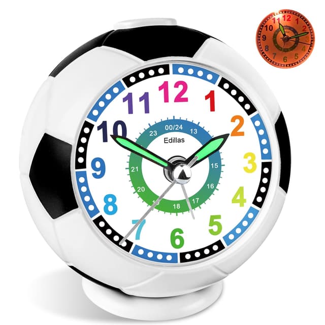 Edillas Wecker Kinder Jungen Mädchen,Fußball Wecker Analog Geräuschlos Ohne Ticken mit Licht Schlummerfunktion für Kinder Schlafzimmer Nachttisch Tisch Aufwachenuhr (Schwarz Grün)
