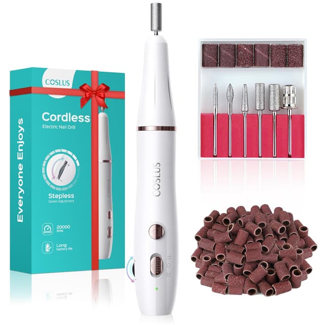 COSLUS Nagelfräser Kabellos Tragbar für Gelnägel: elektrische Nagelfeile stufenloser Geschwindigkeitsregelung für Maniküre Pediküre und Acrylnägel Plastik Nail Drill für Anfänger & Nagelstudio Zuhause Weiß