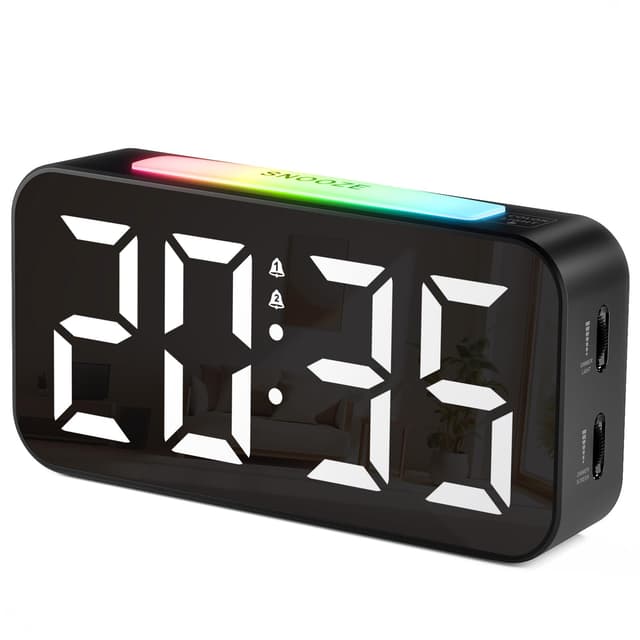 HOMVILLA Wecker, Wecker Digital Stromnetzbetriebener mit Adapter mit Licht RGB, Große Gut Lesbare Ziffern, Dualem Alarm, 9-Minuten Schlummerzeit und Einstellbarer Helligkeitfür Schlafzimmer Schwarz+buntes Licht