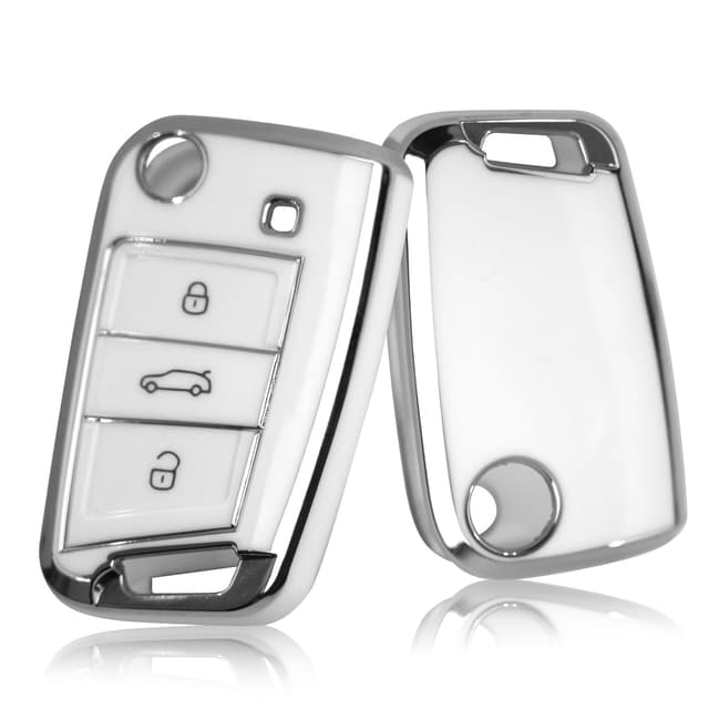 CDEFG Kompatibel mit VW T-ROC/T-Cross/Golf 7/Polo MK6/Tiguan 2/Leon 5F/Ateca/Arona/Kamiq/Fabia 3 Schlüssel Hülle AutoschlüSsel Silikon Schutzhülle 3-Tasten Funkschlüsse Auto Zubehör (Weiß)