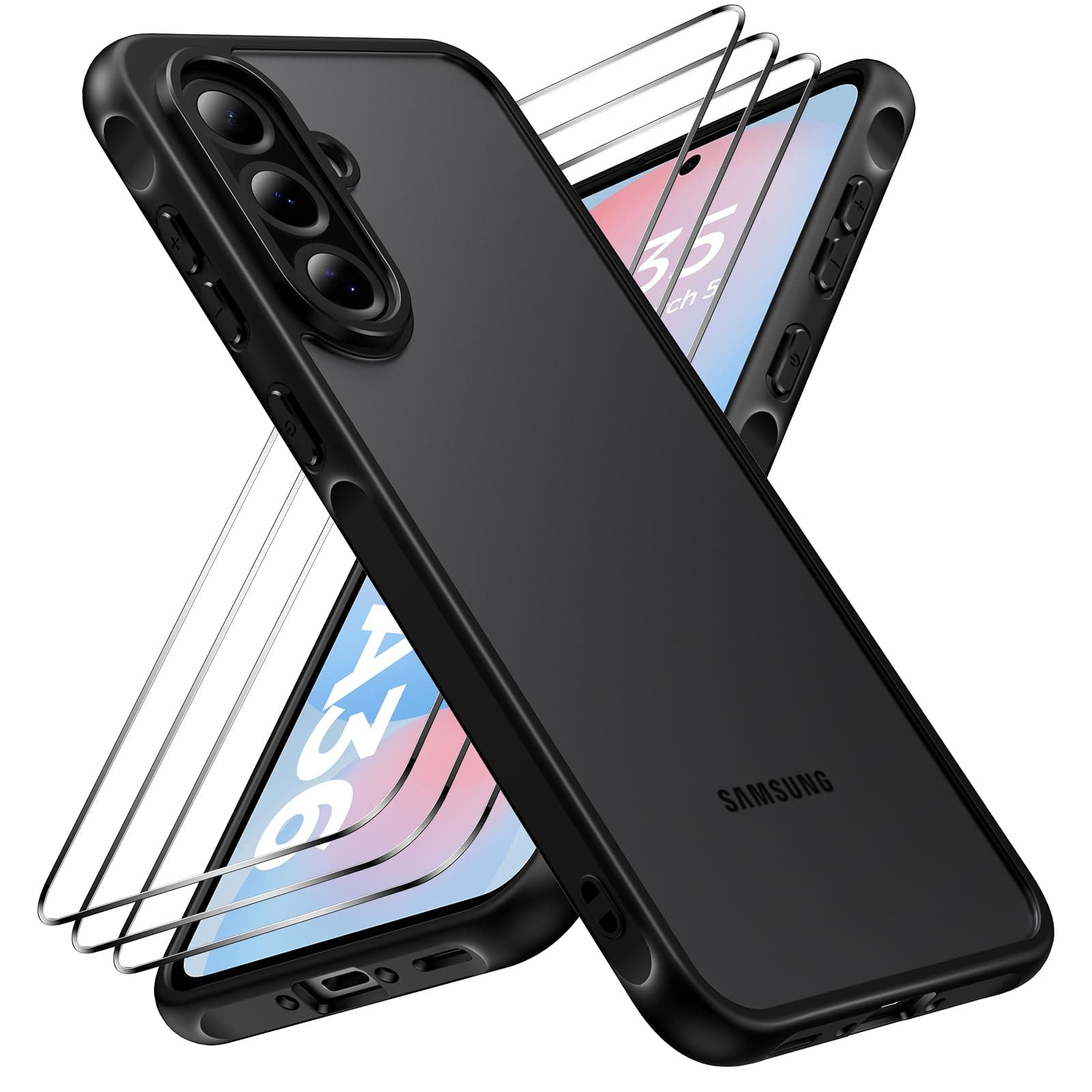 caslord Hülle für Samsung Galaxy A36 5G mit 3 Stück Panzer Schutz Glas, [Kameraschutz] [Stoßfest] Handyhülle, Matt Durchscheinende Rückseite Anti-Fingerabdruck Schutzhülle Case, Schwarz Samsung Galaxy A36 Schwarz