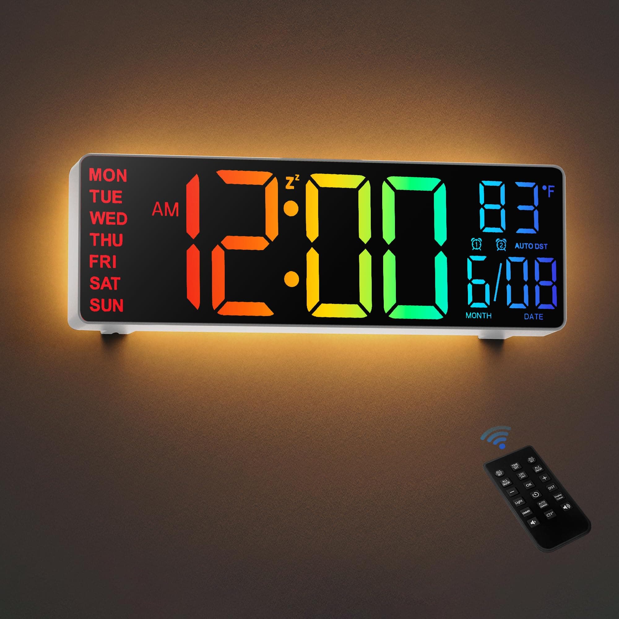 HAITANG Digitale Wanduhr - 10,5" Große Wanduhr Mit Temperaturanzeige, Datum Und Tag, RGB-Farb-Auto-Helligkeitsdimmer, Nachtlichter, 24/12-Stunden-Led Für Schreibtisch, Schlafzimmer 10,5 Zoll Weiß