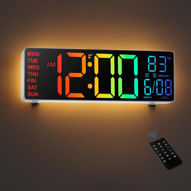 HAITANG Digitale Wanduhr - 10,5" Große Wanduhr Mit Temperaturanzeige, Datum Und Tag, RGB-Farb-Auto-Helligkeitsdimmer, Nachtlichter, 24/12-Stunden-Led Für Schreibtisch, Schlafzimmer 10,5 Zoll Weiß