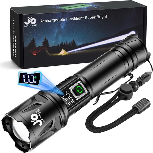JAY-PARK Taschenlampe 1000000 Lumen Aufladbare 5000 mAh mit LCD-Display und 5 Beleuchtungsmodi, LED Taschenlampe Extrem Hell Zoom Langer Lichtstrahl (3000m) für Outdoor, Camping Mattschwarz