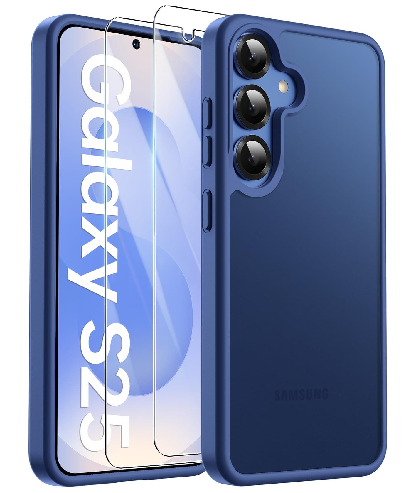 FLLAO Matt Handyhülle für Samsung Galaxy S25 Hülle und 2 Schutzfolie, mit Kameraschutz [Militärnorm Schutz] urchscheinende PC Rückseite TPU Bumper Hülle für Samsung S25 5G - Dunkelblau Samsung Galaxy S25 Dunkelblau