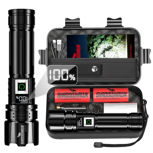 Shadowhawk 500000 Lumen Taschenlampe LED Aufladbar Bis zu 1000m Reichweite, 24h Laufzeit mit 2 Akkus, LCD-Display Taktische Taschenlampen, Extrem Hell Flashlight für Camping, Wandern, Outdoor, Notfäll Schwarz