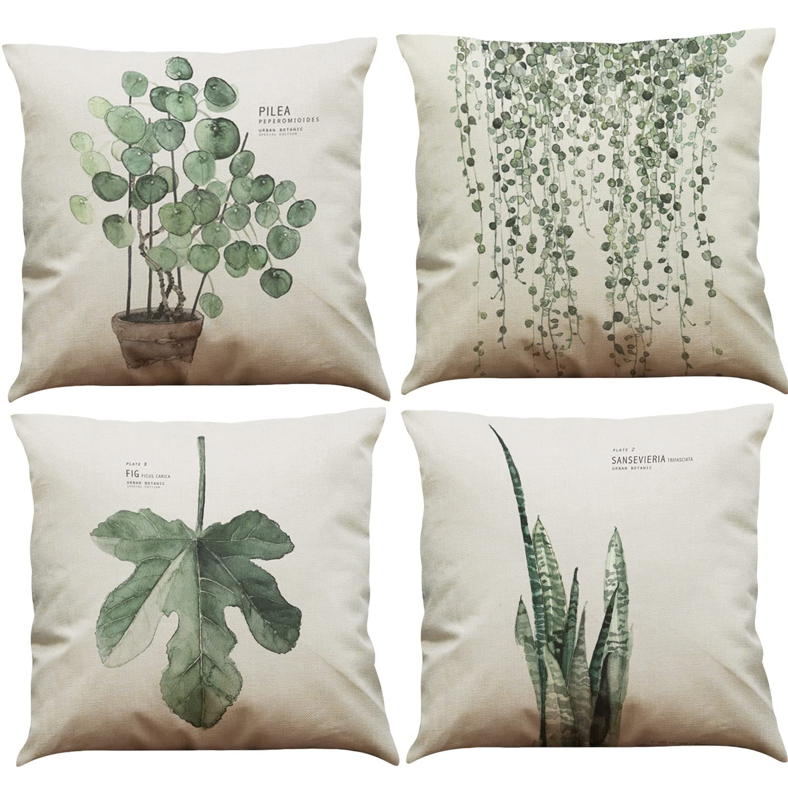 BINXWA 4 Stück Kissenbezug 45x45,Grünes Blatt Thema Deko Baumwolle Leinen Kissenhülle Sofa Kissenbezug Outdoor Garten deko