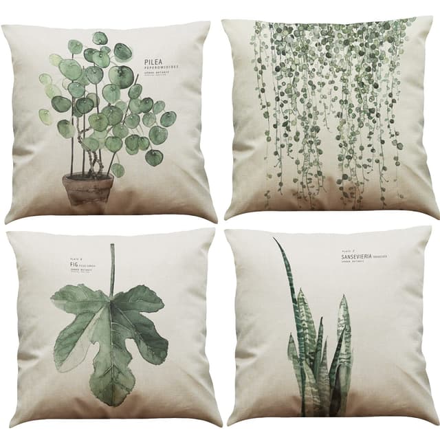 BINXWA 4 Stück Kissenbezug 45x45,Grünes Blatt Thema Deko Baumwolle Leinen Kissenhülle Sofa Kissenbezug Outdoor Garten deko