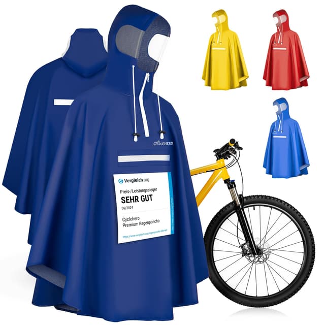 CYCLEHERO Regenponcho Fahrrad extra wasserdicht und robust - TEST SEHR GUT - Premium Regencape Fahrrad mit Reflektoren, Sichtfenster - Regenbekleidung als Regenponcho Herren und Damen - Regenjacke