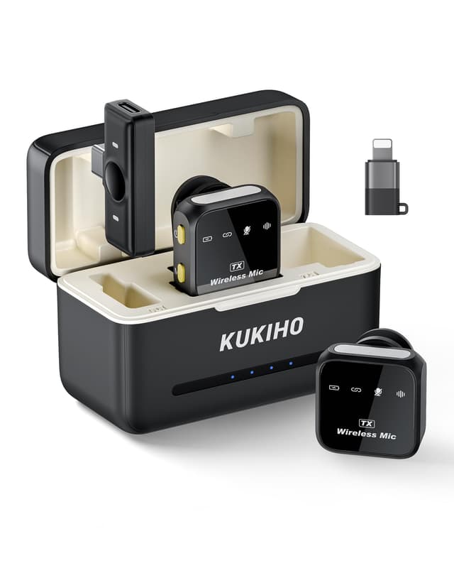KUKIHO Kabelloses Lavalier Mikrofon mit Ladekoffer, 80h Akkulaufzeit, Rauschunterdrückung, 50m Reichweite, Plug-Play Ansteckmikrofon für iPhone/iPad/Android/PC, YouTube, Vlog, Live-Streaming Mic (2 TX + 1 RX + Große Ladebox) schwarz