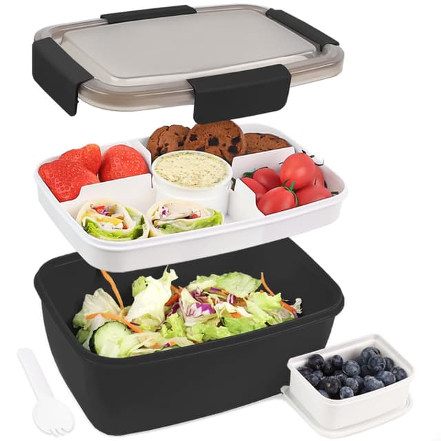 Bugucat Lunchbox Erwachsene 2000ML,Auslaufsichere Brotdose Erwachsene Bento Box mit Fächern für Kinder,Salatbehälter Salatbox to Go mit Gabel,Brotdose Frühstücksbox für Schule Picknick,Schwarz 2000ml-schwarz