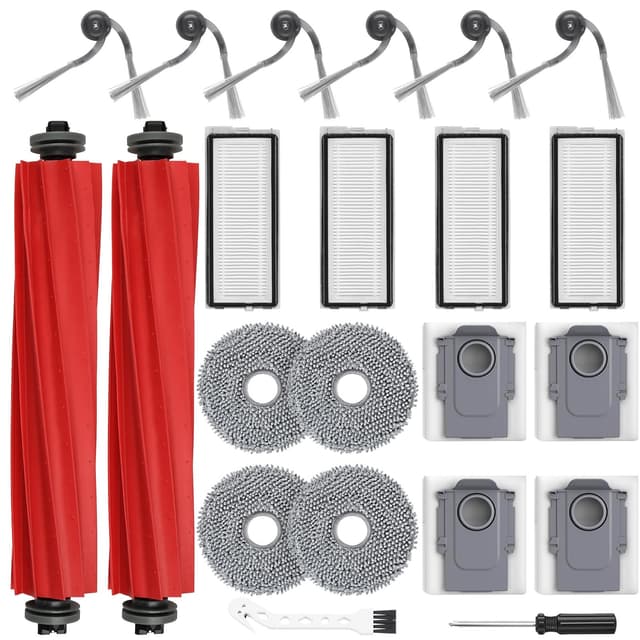 22 Stück Zubehörset für Roborock Qrevo Serie/QV 35A / QV 35S Saugroboter mit 2 Hauptbürste 4 Wischtücher 4 HEPA Filter 4 Staubbeutel 6 Seitenbürsten 1 Reinigungsbürste 1 Schraubenzieher Zubehörset für Roborock Qv 35s / Qv 35a