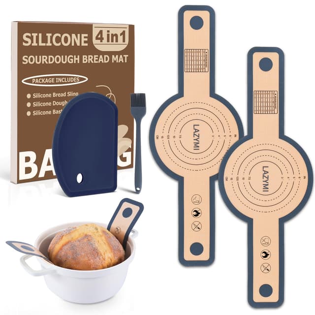 Lazymi Silikon Backmatte für Dutch Oven 2 Stück, Wiederverwendbare Silikon Backmatte Brot mit Langen Griffen für Brottopf, Teigmatte mit Teigschaber&Backpinsel, Brotmatte für Backofen, Dunkelgrau Dunkelgrau Ø21cm