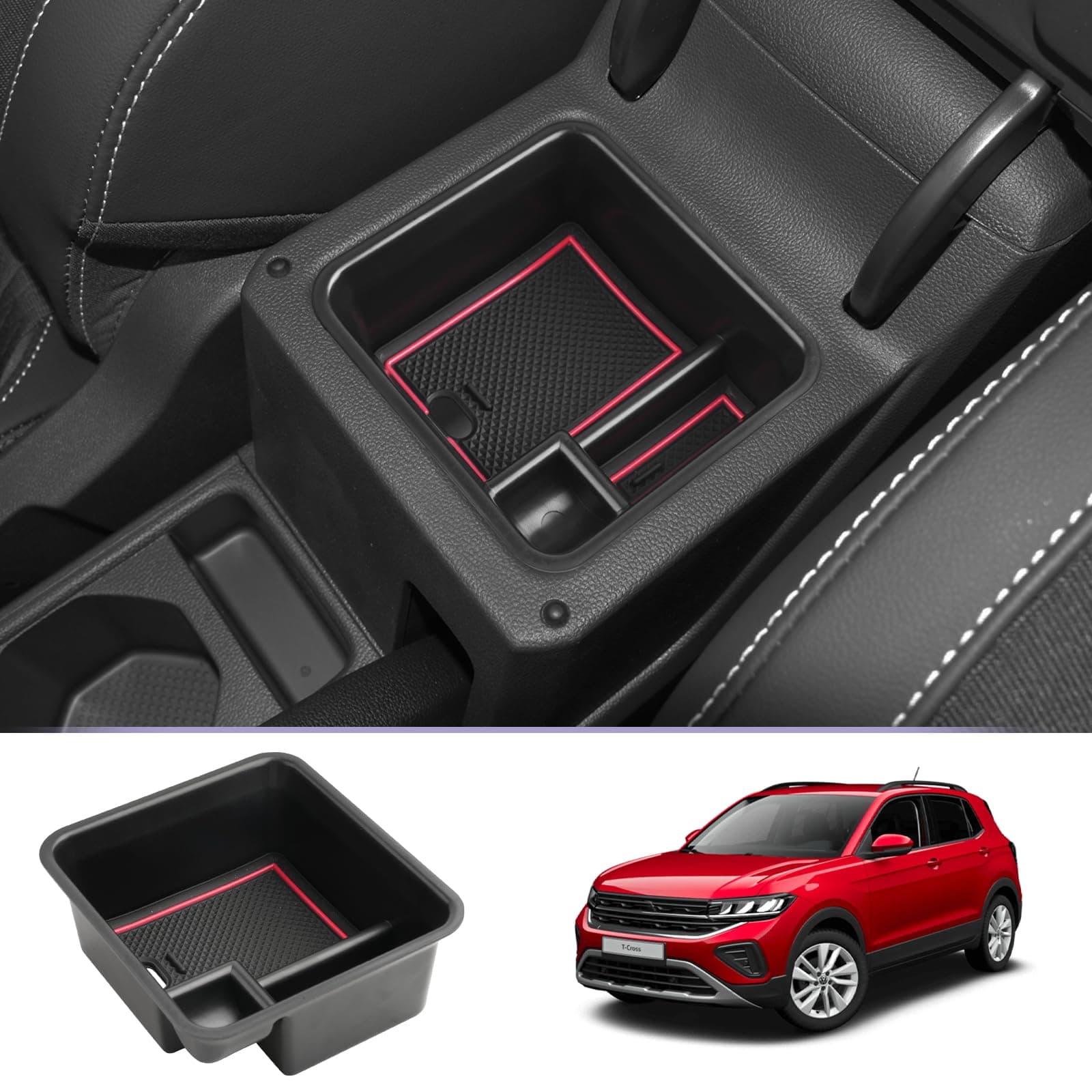 ZCLINKO Kompatibel mit VW T-Cross T Cross 2018-2023 2024 Armlehne Aufbewahrungsbox Mittelkonsole Armlehne Organizer Handschuhfach Tray mit Antirutschmatten Auto Zubehör (Rot) T-Cross 2018+ Rot