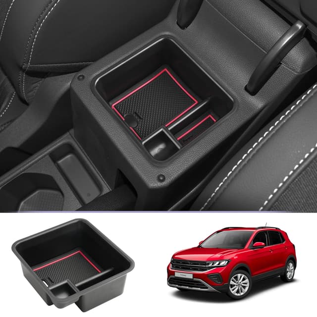 ZCLINKO Kompatibel mit VW T-Cross T Cross 2018-2023 2024 Armlehne Aufbewahrungsbox Mittelkonsole Armlehne Organizer Handschuhfach Tray mit Antirutschmatten Auto Zubehör (Rot) T-Cross 2018+ Rot