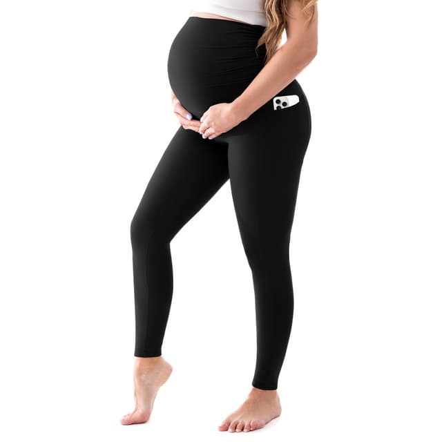 Walifrey Women's Maternity Leggings with Pockets，High Waist Opaque Comfortable Pregnancy Black Leggings M Schwarz