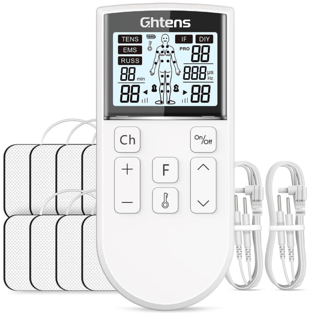 GHTENS TENS Gerät Schmerztherapie, 5-in-1 Reizstromgerät (TENS/EMS/IF/RUSS/DIY) zur Schmerzlinderung durch elektrische Nervenstimulation, mit 80 Massageprogrammen, 2 Kanäle und 8 Stück Elektroden Pad White
