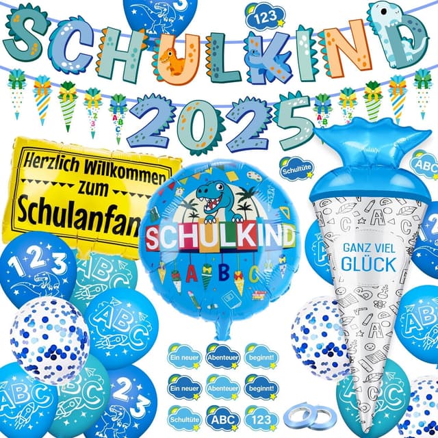 Maqhpu Einschulung Deko, Deko Einschulung Junge 2025, Blau-Dinosaurier Schulanfang Deko, Schultüte Jungen Folienballon, Schulkind Banner, Zuckertüten Girlande