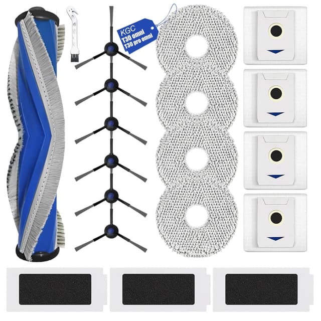 19 Stück Zubehörset für Ecovacs Deebot T30 Pro Omni / T30 Omni Saugroboter, Ersatzteile mit 1 Gummi-Hauptbürste, 3 HEPA-Filtern, 4 Staubbeuteln, 4 Wischpads, 6 Seitenbürsten und 1 Reinigungsbürste