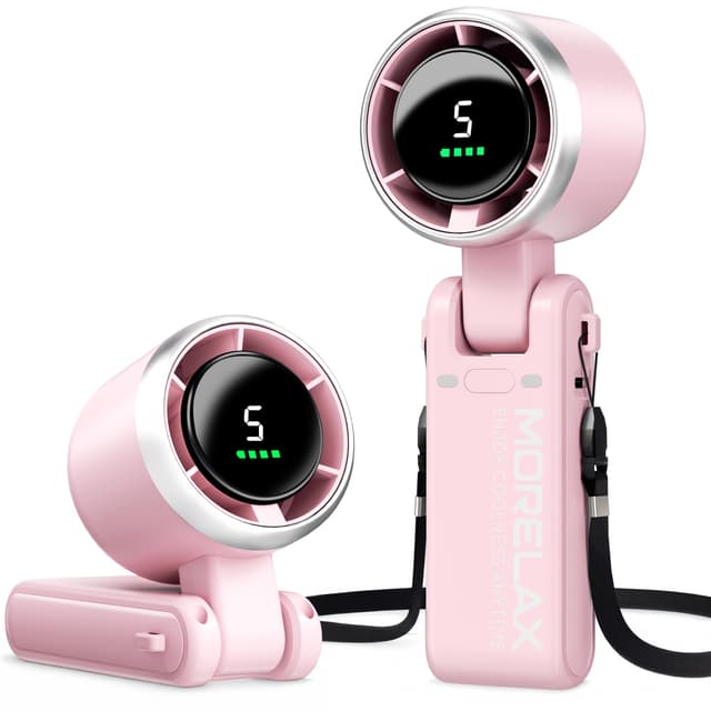 Morelax Tragbarer Turbo Handventilator, 5-stufiger, LED-Display, 4000mAh Akku USB Aufladbar, 3-in-1 Hand/Schreibtisch/Halsventilator für Reisen Camping Outdoor,Rosa
