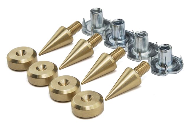 PrecisionGeek - Set aus Lautsprecher-Spikes und Pads, Messing, Spikes M8, Kegel mit 10 mm Durchmesser, Pads mit 16 mm Durchmesser, inklusive T-Muttern, für Lautsprecher, HiFi-Ständer, Schränke