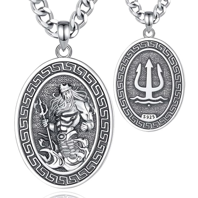 INFUSEU St. Christophorus/St. Michael/St. Benedikt/Heiliger Jude//Jungfrau Maria Medaille Jesus Kreuz 7 Erzengel Siegel 925 Sterling Silber Anhänger für Männer Frauen Heilige Religiöse Amulette 09-Poseidon
