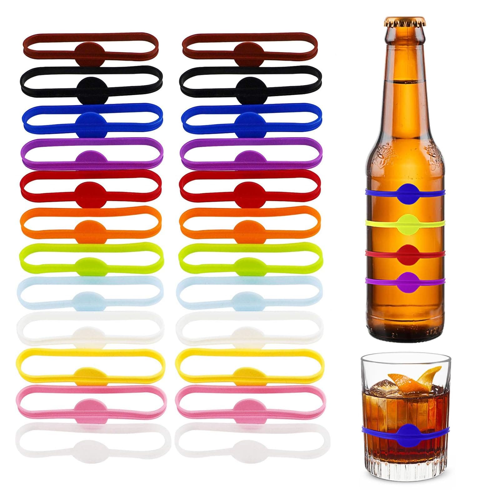 CPYJW 24 Stück Glasmarkierer,Glas Markierung Trinkgläser Bunte Glasmarker Silikon Wiederver Wendbare Glasmarker Silikon für Weinglas Flasche Cup Trinkglas Cocktail Bar Party Dekoration