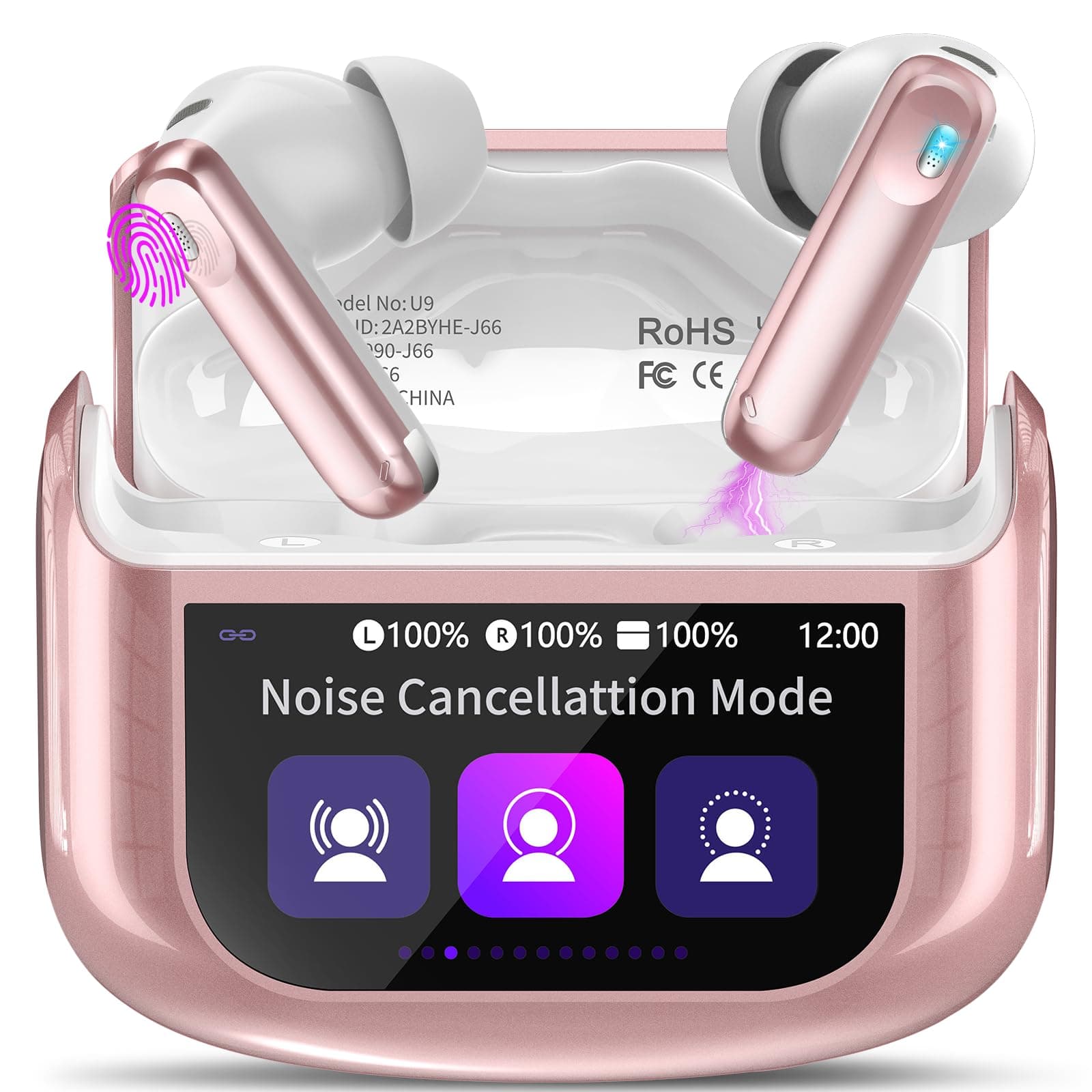 Touchscreen Bluetooth Kopfhörer, 2025 In Ear Kopfhörer Kabellos Bluetooth 5.4 mit ANC+ENC Noise Cancelling Mic, 48Std Spielzeit Tiefer Bass Earbuds mit 5 EQ-Modi/IPX7 Wasserdicht Ohrhörer, USB-C Rose