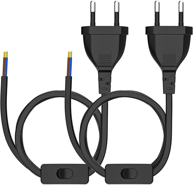 KEAGAR [2 Stück] Euro-Netzkabel mit Schalter, 5M Euro Stecker Stromkabel, 2 X Ersatzkabel Anschlusskabel mit Schalter Typ C, 5 x 0,5 mm², für Leuchten, Lampen, Leuchtmittel, Schwarz 2 Stück-5M
