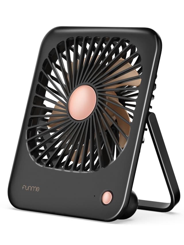 Funme Tischventilator Batterie 3000mAh für Frauen mit [Geschenkset] 180°/ 3 Geschwindigkeiten/Tragbarer Ventilator akku Sehr Leise Starkem Luftstrom Klein Neigung für Frauen Makeup Büro Reisen Gifts Schwarzes Gold