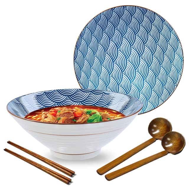 Ramen Schüssel Keramik Set, 2x950ml Japanisches Geschirr mit Essstäbchen und Löffel, Premium Großer Pastaschüsseln, Suppenschalen, Salatschüsseln für Pho Ramen Wave