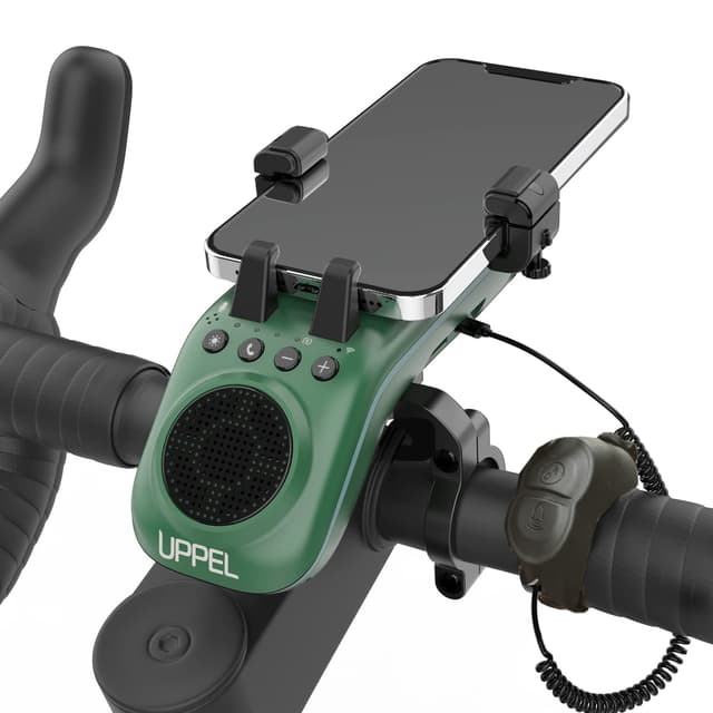 UPPEL Fahrrad Bluetooth Lautsprecher 10 in 1 Multifunktionaler Handyhalterung Fahrrad-Powerbank-Klingel-Mikrofon-TF-SD-AUX Modus - Extrem und Freizeit Radsport mit Fahrrad und Mountainbike-Green