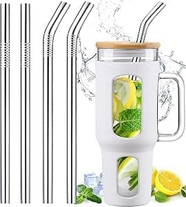 31cm Stainless Steel Straws Replacement for Stanley Adventure Quencher 40 oz 30 oz Cup Tumbler, 4 Pack Metal Straws Reusable with Cleaning Brush for Stanley 40 oz & Simple Modern Tumbler with Handle 4PCS 310MM gerade & gekrümmt