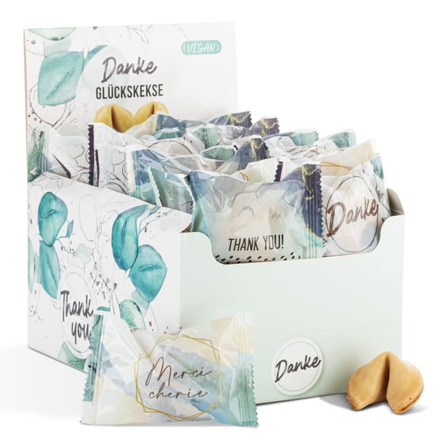 FOOD crew 30 Glückskekse Danke – Dankeschön Geschenke klein Einzeln verpackt in Box – Dankeschön Hochzeit - Made in Germany – Ein Kleines Dankeschön Geschenk - Danke Geschenk - Adventskalender Füllung