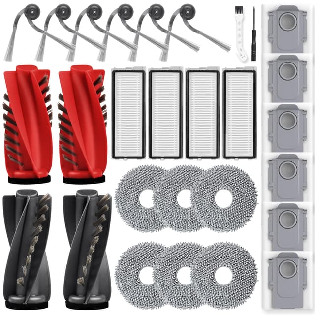 28 Stück Zubehörset für Roborock Qrevo Curv/Qrevo Edge / S5V Saugroboter mit 2 Paar Hauptbürsten 6 Wischtücher 4 Filtern 6 Staubbeuteln 6 Seitenbürsten 1 Reinigungsbürste 1 Schraubendreher