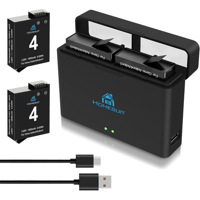 Homesuit Osmo Action 4 3 Akku 1800mAh und Dual USB LED Ladegerät Kit für DJI OsmoAction4 OsmoAction3 Kamera DJI Action Extreme Akku (2er-Pack) 2x Action 4 3 Akku & Schwarz Ladegerätsatz
