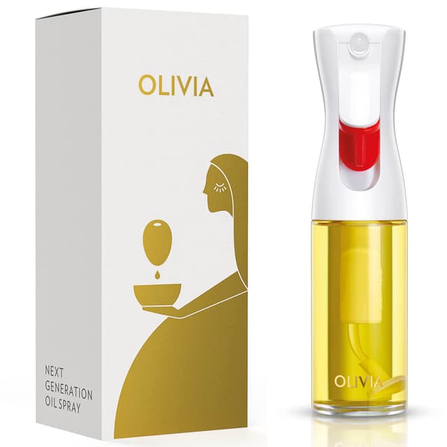 FLAIROSOL OLIVIA 130ml Glas-Ölsprüher - Kontinuierliche Ölsprühtechnik mit Portionskontrolle - Vielseitiger Ölzerstäuber zum Kochen, Salat, Grillen, Backen und für weitere Szenarien (Goldenes Logo)