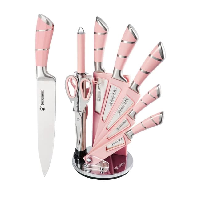 Justup 9-tlg Messerset mit Drehbare Acryl Messerblock, Rosa Sharp Antihaft Beschichtete Kochmesser Block Set,Edelstahl Messer Set für Küche mit Schärfer zum Schneiden Schneiden Würfeln Hacken (Rosa)