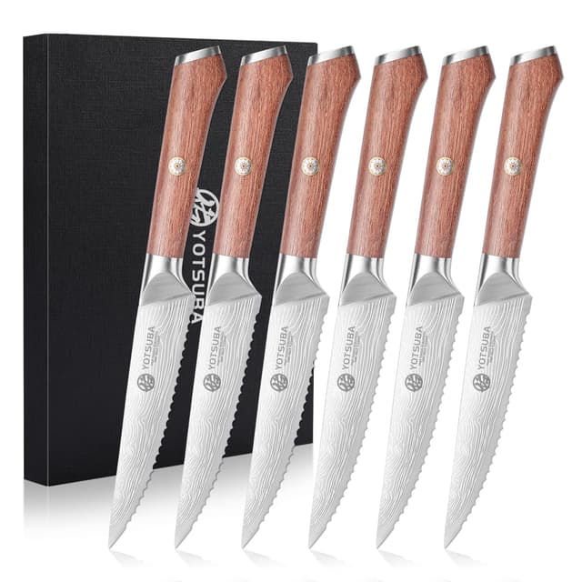 YOTSUBA Steakmesser Set 6-teilig, 12cm Küchen Steakbesteck Messer aus hochwertiger Deutscher Edelstahl, ultrascharfe Gezahnte Steak Küchenmesser und ergonomischer Holzgriff, Tafelmesser Geschenkbox 12cm-steakmesser Set 6 Teilig
