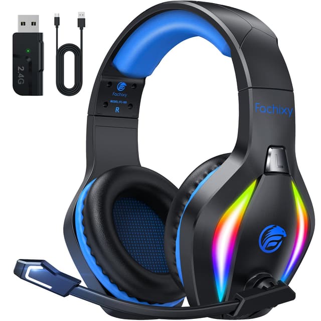 Fachixy FC100 Headset mit Mikrofon, 2,4G Wireless Gaming Headset für PS5, PS4, PC, Switch, Mac, Surround Sound Bluetooth Gaming Kopfhörer kabellos mit LED Licht, Über 50 Stunden Akkulaufzeit RGB Schwarz/Blau