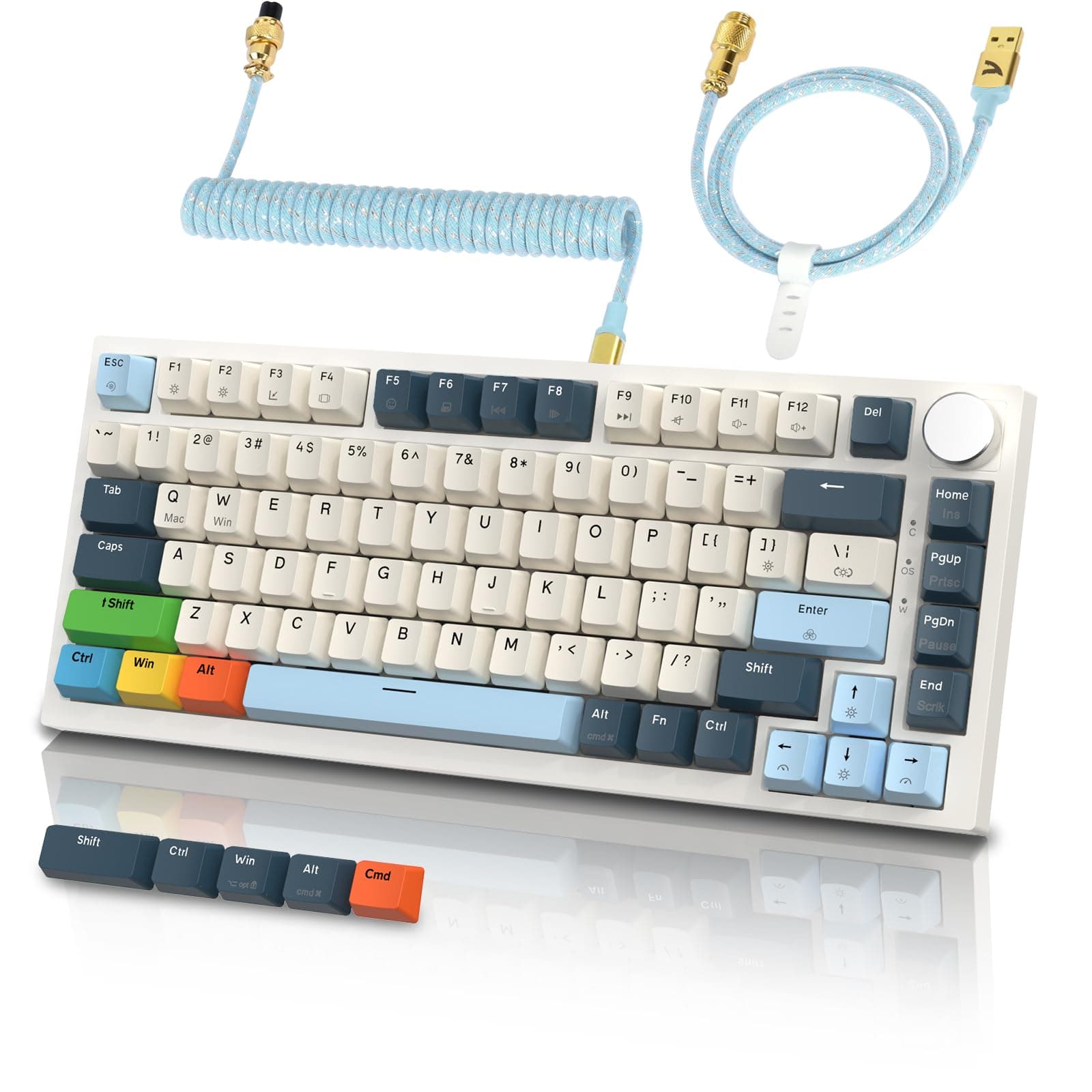 ATTACK SHARK K85 Mechanische Gaming-Tastatur mit Spiralkabel, Anpassbares Ansprechverhalten, Magnetschalter, Apex Pro TKL RGB Gasket Keyboard QWERTY mit Drehknopf, Unterstützt DKS/MT/TGL, für PC/MAC Blau (Farbige Tastenkappen und Spiralkabel)