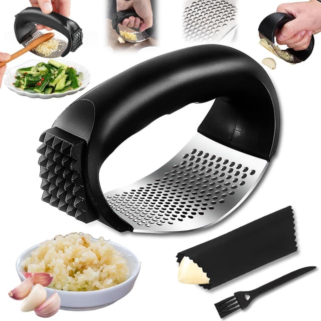Knoblauchpresse Wippe,Knoblauchpresse Edelstahl Multifunktional Garlic Press mit Silikonschäler und Reinigungsbürste Knoblauchwippe Spülmaschinenfest, Perfekt für Knoblauch, Ingwer und Mehr