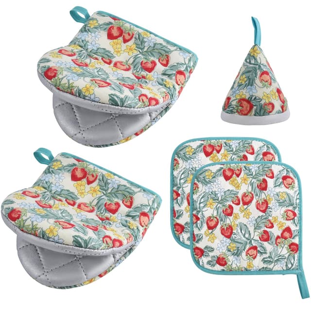 5er Set Topflappen Handschuhe, Hitzebeständige Topfhandschuhe und Ofenhandschuhe, Topfdeckel-Isolierkappe, Geeignet für Kochen, Backen, Grillen，Erdbeermuster