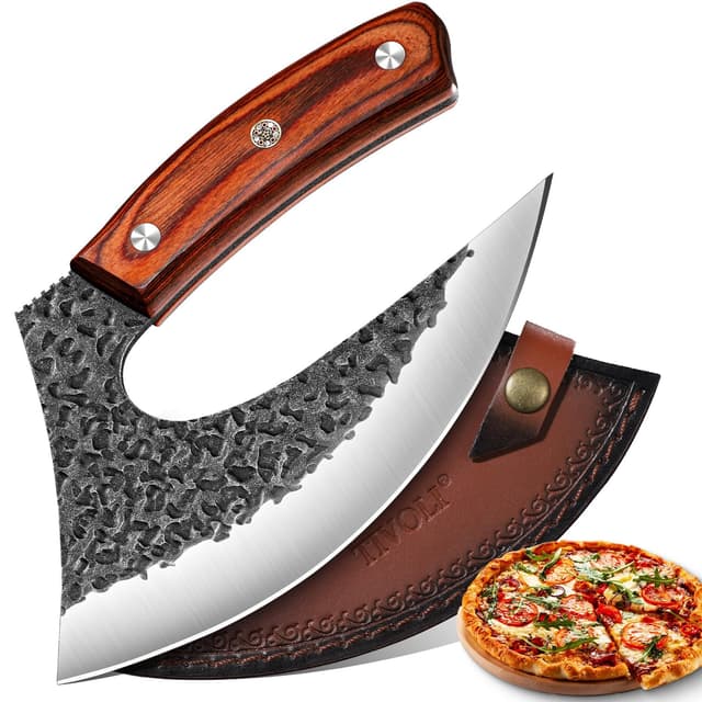 TIVOLI Professioneller Pizzamesser mit scharfer rostbeständiger Klinge aus Kohlenstoffstahl Pizza Axt aus hochwertigem Kohlenstoffstahl, Handgefertigte Pizzaschneider mit Lederscheide Pizza messer