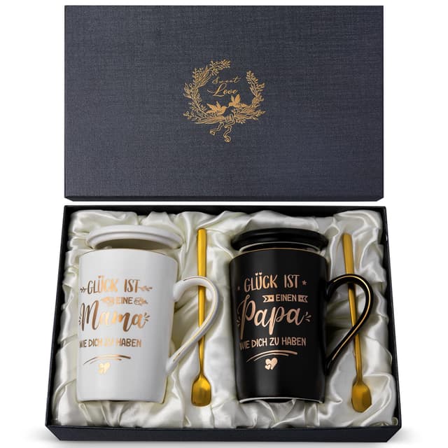 Mama und Papa Tassen - Geburtstagsgeschenke, Weihnachten Geschenk für Eltern Mutter und Vater, Vatertag Muttertag Jubiläum Geschenke Set für Neue Eltern, 14OZ Keramik Kaffeetasse Schwarz - Papa Mama