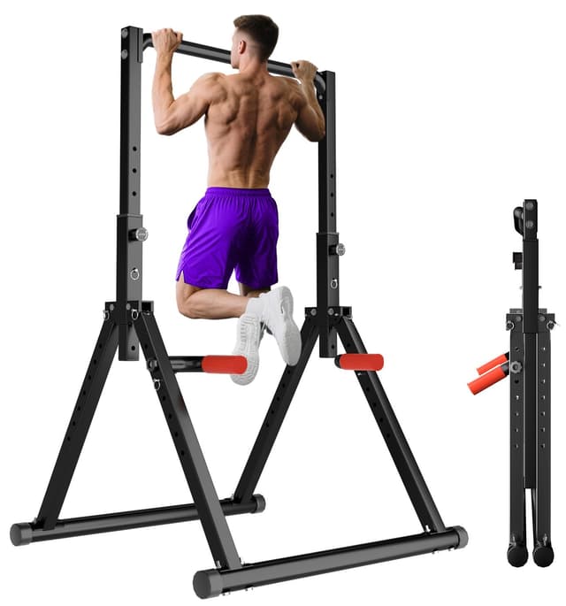 WATBKHE Power Tower Dip Station Faltbar, Klimmzugstange Freistehend Pull Up Bar Verstellbar, Multifunktions Home Gym Trainingsgerät, Krafttraining Fitnessgeräte
